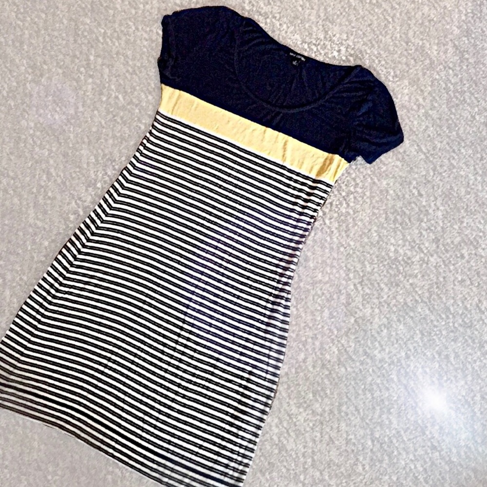 Navy Yellow White Short Sleeve Striped Maxi Dress
